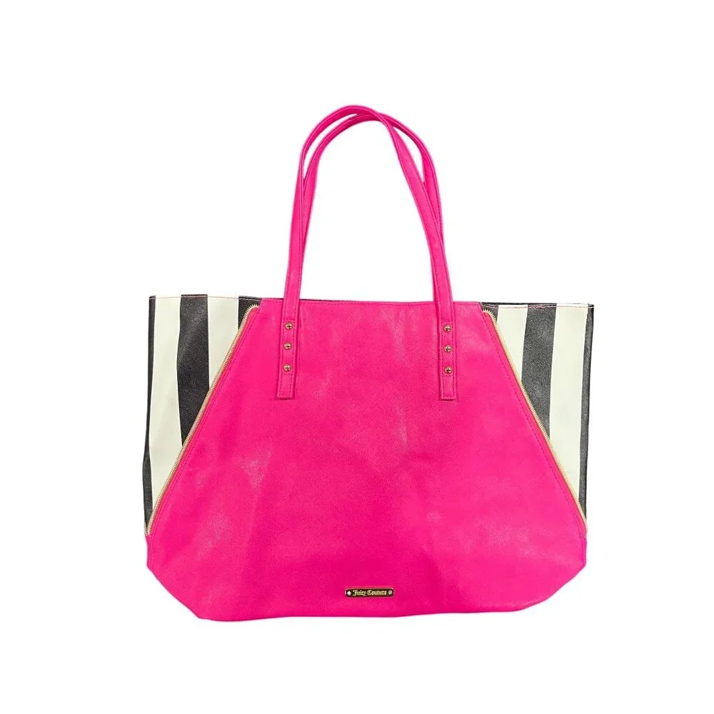 Juicy Couture Pink & Black Striped Tote Bag With Gold Stud Accents